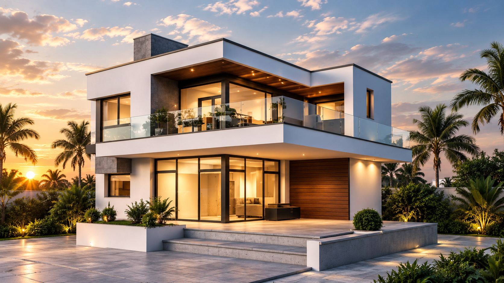 Modern luxury home at sunset with palm trees and landscaped garden